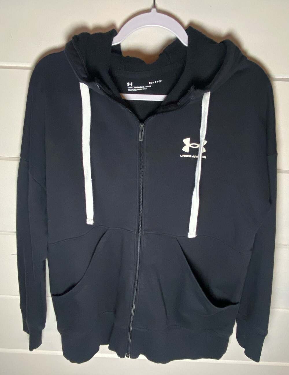 Under Armour Black Full Zip Hoodie with White Drawstrings Size SM